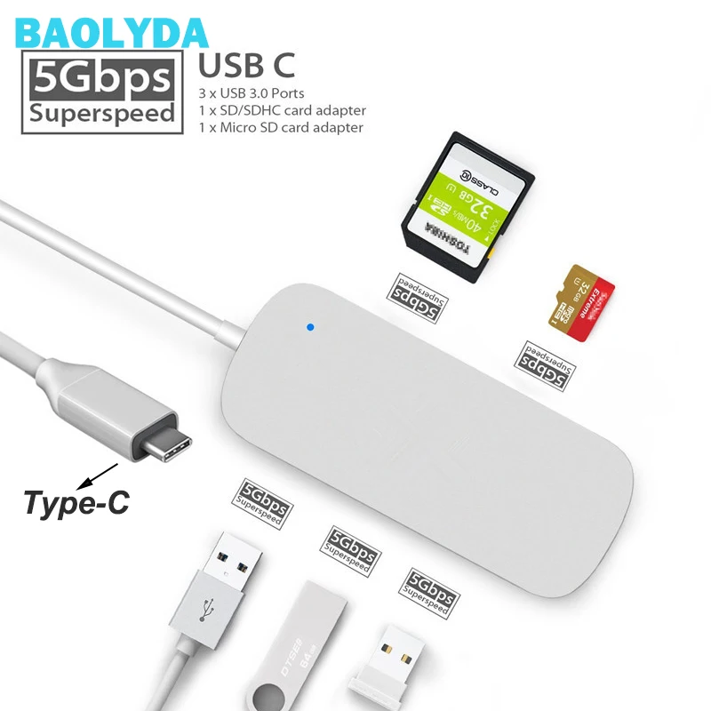 

Baolyda Type C USB 3.1 3.0 Hub Adapter SD TF Card Reader For Chromebook MacBook Pro Type-c Converter USB-C USB 3.0 Adapter