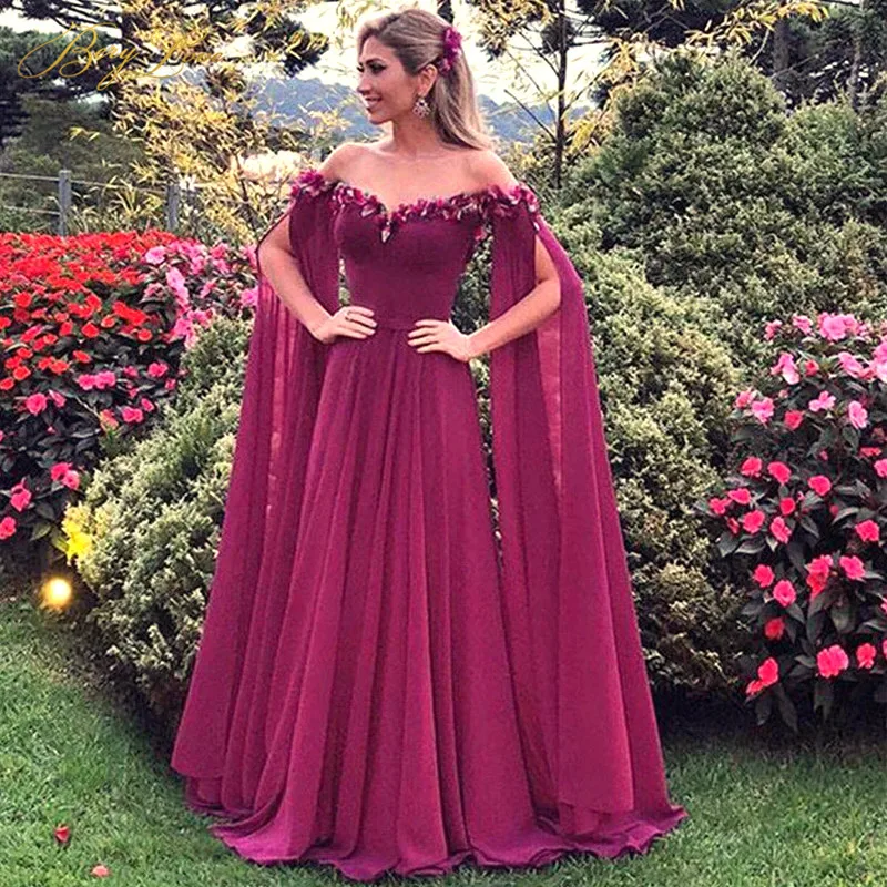 

Long Fuchsia Flower 2019 Evening Dress Sleeve Chiffon Evening Gown Robe De Soiree Elegant Off Shoulder Formal Dress abendkleider