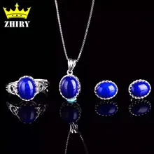 Natural blue lapis lazuli gem Jewelry set Women pendant necklace with a chain earrings Genuine 925 sterling silver gold plated