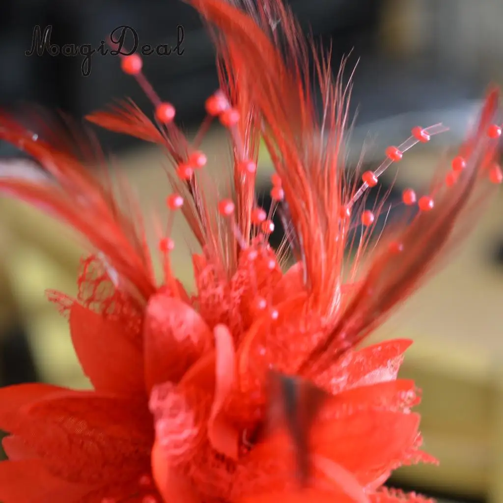 Feather Pearls Flower Decoration,Hair Clip Accessories,Corsage,Brooch ,Wrist Flower Wedding Party Decoration for Bride - Red