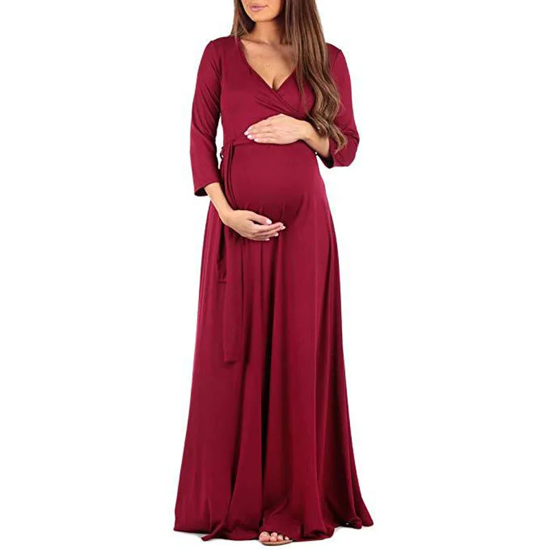 Осенние длинные платья для беременных; Одежда для беременных женщин; однотонное платье с v-образным вырезом; платья для беременных; Vestidos; одежда для мам