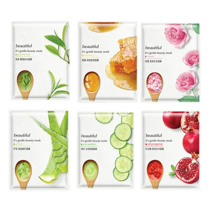 

10PCSlot Plant Pure Facial Mask Hydrating Moisturizing Brightening Aloe Cucumber Red Pomegranate Green Tea Honey Rose Masks Set