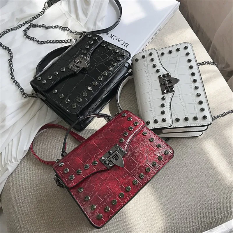 

Vintage Handbag Fashion Rivet European and American style Messenger Bag for Women Crocodile Grain PU Leather Shoulder Bag