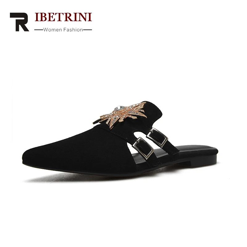 

RIBETRINI Large size34-43 Pointed Toe Flats Spring Sheepskin Genuine Leather Women Shoes Slip On Mules