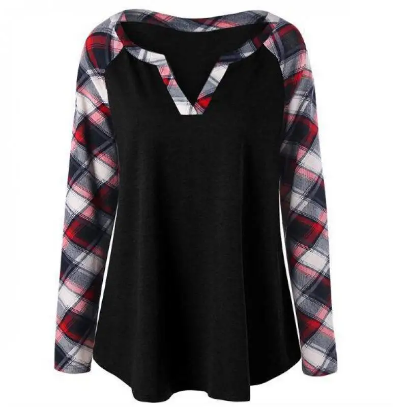Plus Size 5XL Plaid Patchwork Raglan T-shirt Women Casual V-neck Long Sleeve Female Baseball Tee Top Mujer HD1365 | Женская одежда
