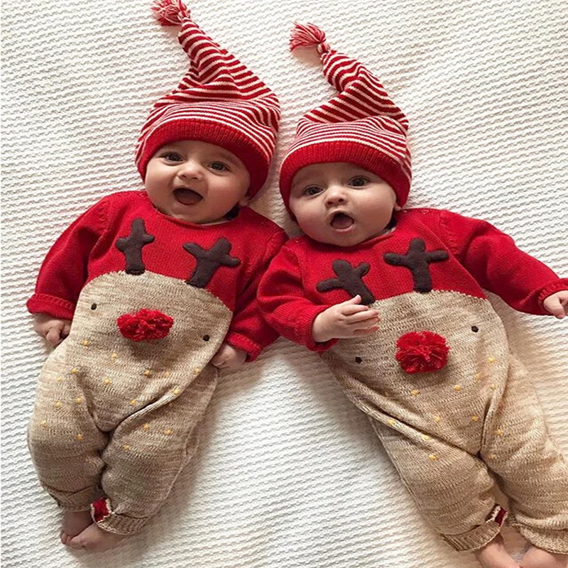Rorychen 2 предмета, для новорожденных, для маленьких мальчиков и девочек Рождественские боди одежда для сна с длинными рукавами и принтом оленей комбинезон шапка пижамы вечерние костюм, одежда для детей