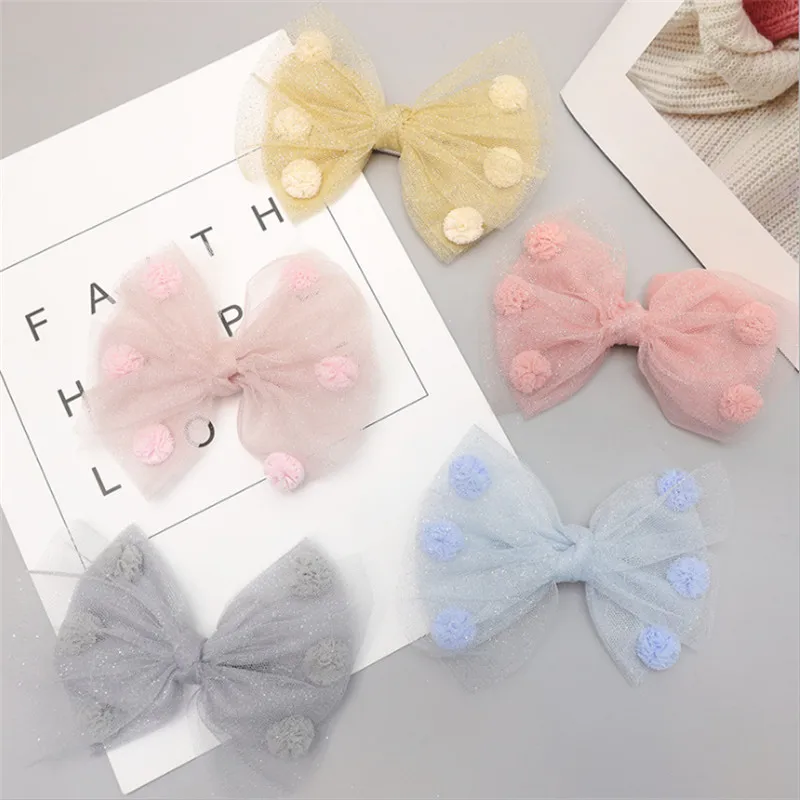 

5pcs/lot Mesh Yarn Wrapped Bow Hair Clip Girls Gauze Pom Pom Ball Hairpins Fashion Hair Accessories for Princess Hair Ornaments