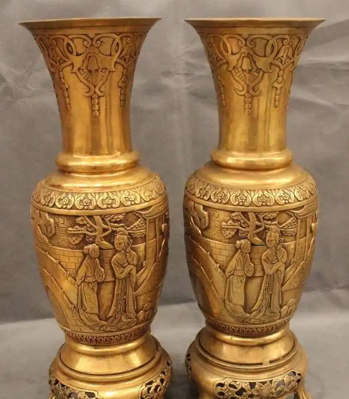 

20" Marked Chinese Dyansty Brass Belle Girl Tree garret Flower Bottle Vase Pair