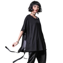 Европа летняя Женская высокая уличный стиль свободный короткий рукав свободно лента длинная футболка Топ женский личности Разделение Футболки для девочек Лидер продаж