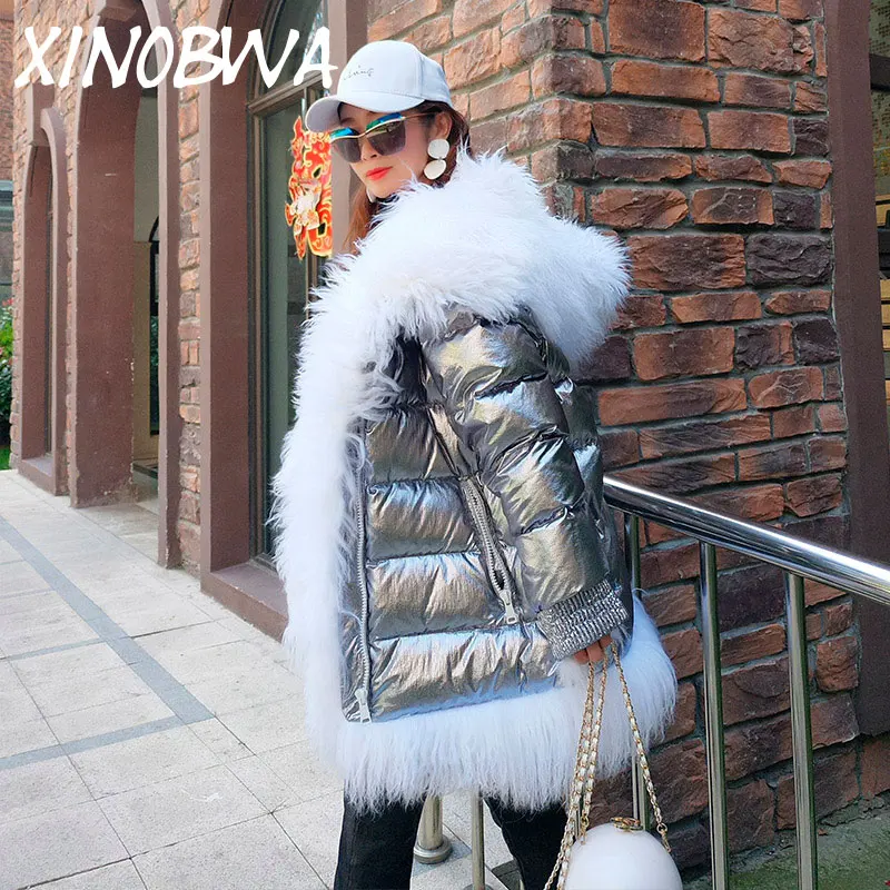 

New 2018 Winter Fashion Loose Large Natural Real Lamb Fur Hooded Cuff Thick Warm Coats Jackets Ladies Waterproof Silver Outwear