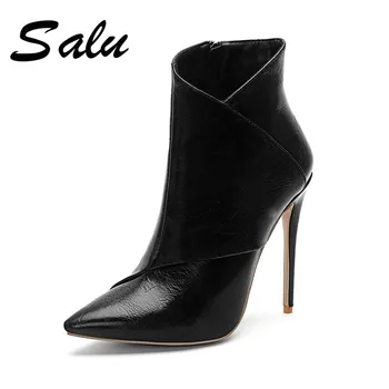 

Salu Women Winter Shoes Leather Motorcycle Boots Ladies Ankle Boots Spring Autumn High Heels Boots Woman