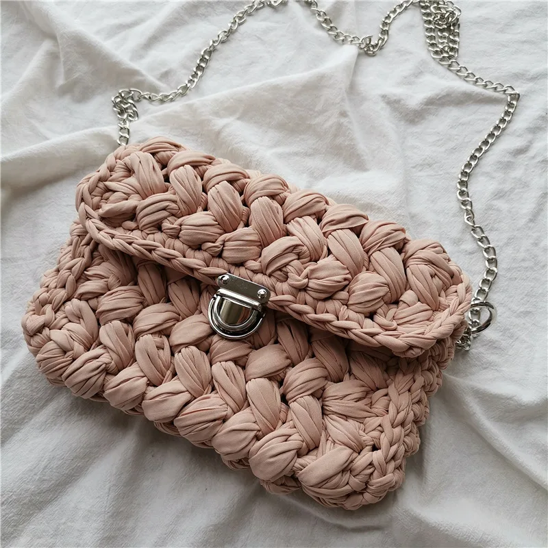 Новинка, модная леопардовая сумка через плечо, тканая вязаная сумка, женская сумка-мессенджер с клапаном, Хлопковая сумка на плечо ручной работы OC602 - Цвет: Lotus root pink lock