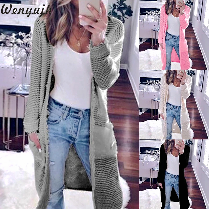 

Wenyujh 2019 Women's Long Cardigans Solid Long Sleeve Knitted Sweater Cardigan Autumn Winter Femme Sweater Jersey Mujer Hiver