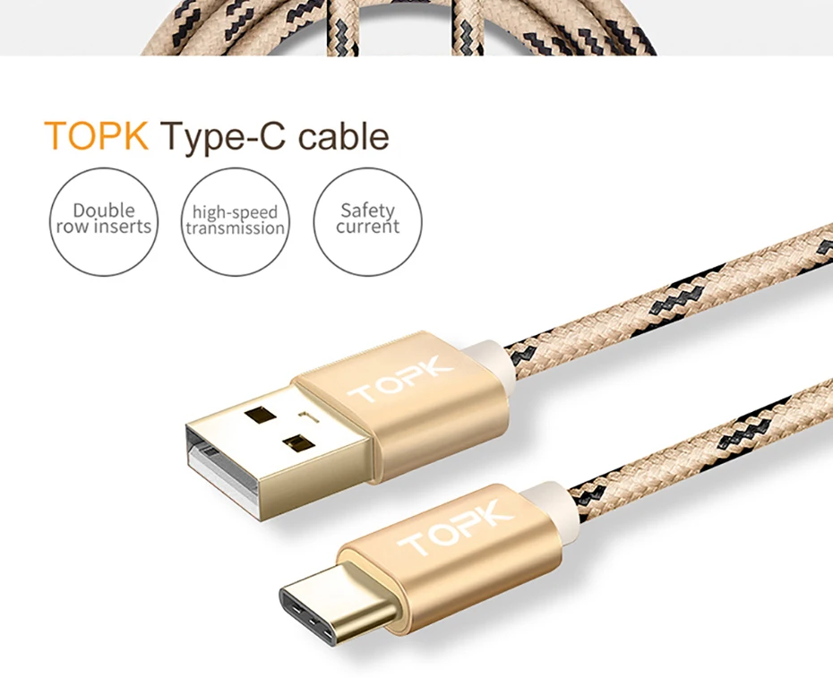 TOPK USB C кабель для быстрой зарядки type C кабель для samsung Galaxy S9 S8 Note 9 8 Oneplus 6 нейлоновый кабель для синхронизации данных type-C