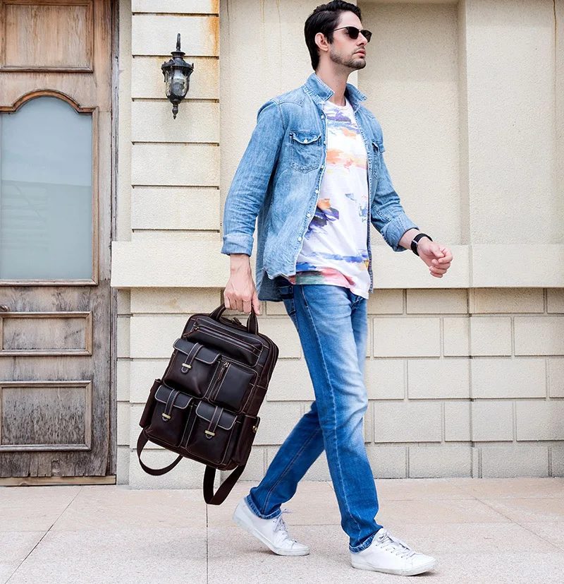 Men Crazy Horse Leather backpack male Genuine Leather Backpack Vintage Genuine Leather Travel Leather Backpack Large Capacity