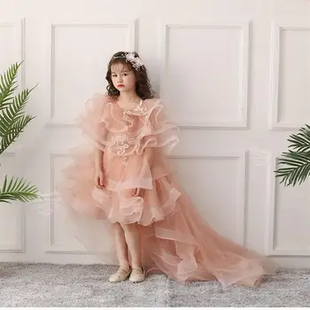 

2019 Kids Girls Lace Appliques Gown Children Pageant First Communion Dress Baby Girl Mesh Princess Wedding Trailing Vestido Q631