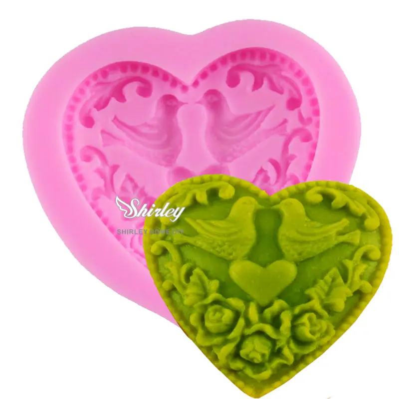 F1014 Frete Gr&aacute;tis Nova Baking Molde Do Bolo Fondant Decora&ccedil;&atilde;o Do Bolo de Casamento do P&aacute;ssaro do Amor Do Cora&ccedil;&atilde;o Em Forma de Molde de Silicone Molde Sab&atilde;o