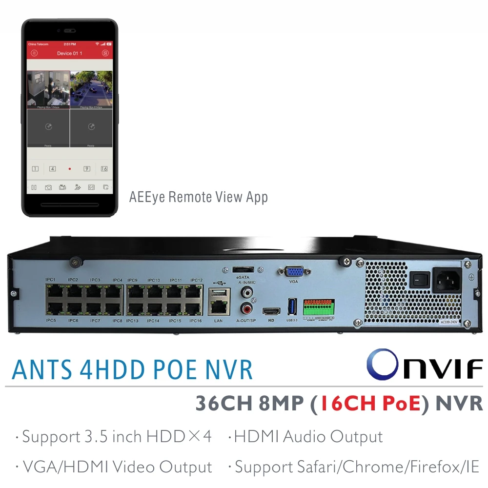 Antstek 1.5u стойку H.265 36ch 4 К (8MP) NVR поддерживает 16ch IEEE802.3af PoE и 20ch не POE IP Камера Вход aeeye
