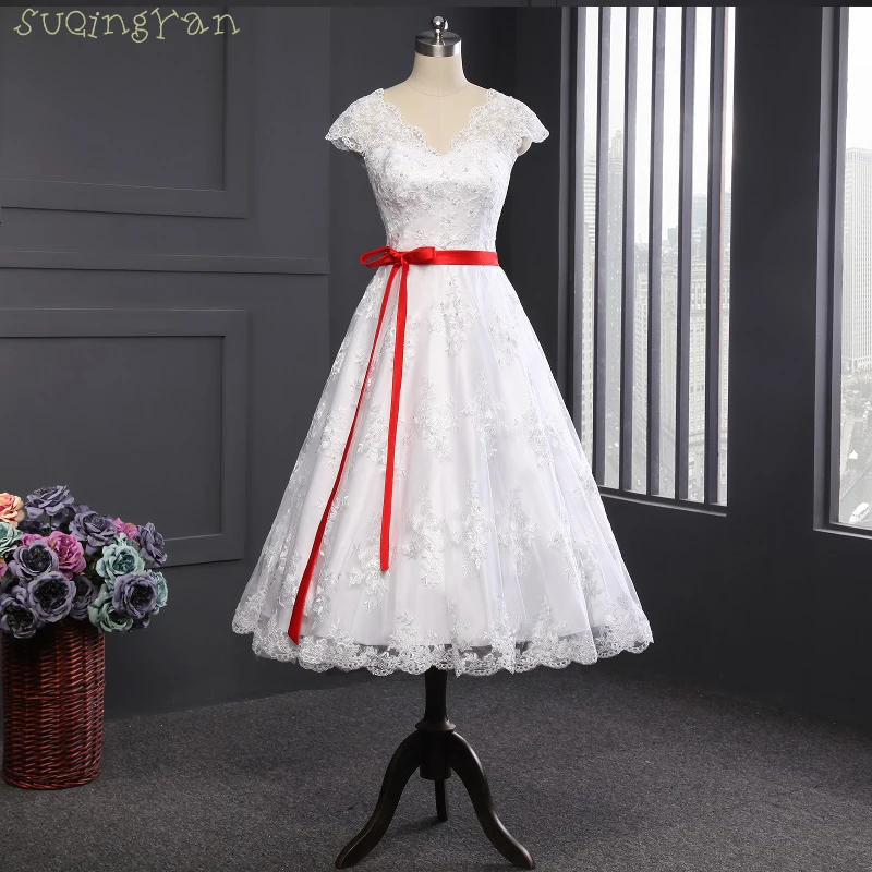 2017 Cap Sleeve Biały i Czerwony Sash Lace Tea Długość Krótki Suknie ślubne V Neck Bridal Togi Celnej Wykonane Rozmiar Darmowa Wysyłka