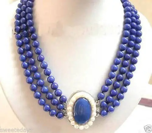 

huij 001685 Beautiful Jewelry 3Row Real Lapis Lazuli White Pearl Clasp Necklace