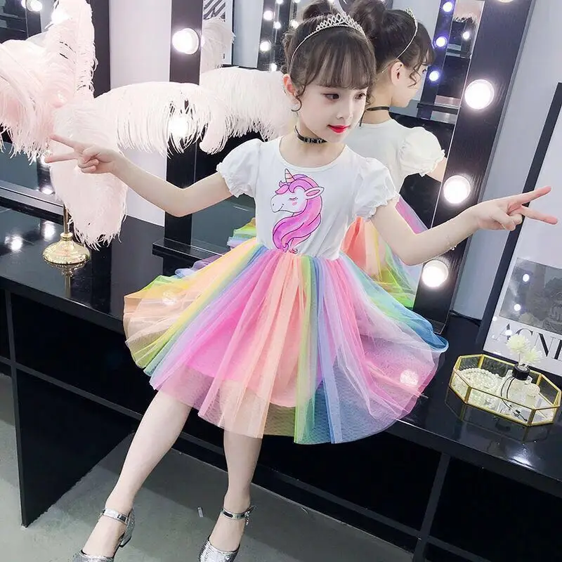 

Fantasy Toddler Girls Patchwork Unicorn Dresses Baby Girl Rainbow Tulle Dress Kids Puff Sleeve Party Outfits Children Clothing