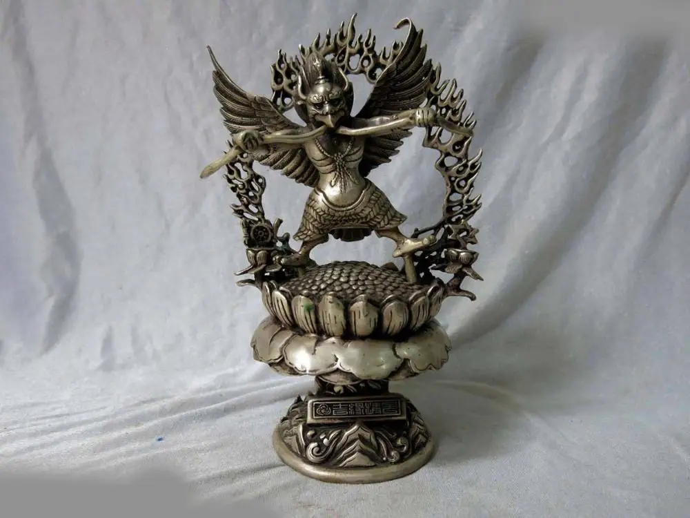 

10" China silver Buddhism Lotus seat Golden-winged Mirs buddha Sculpture Statue