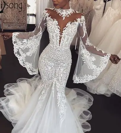 Дубай Арабский Русалка свадебное платье с длинным рукавом Высокая Шея Иллюзия Свадебные платья элегантные африканские невесты платье на заказ - Цвет: Белый