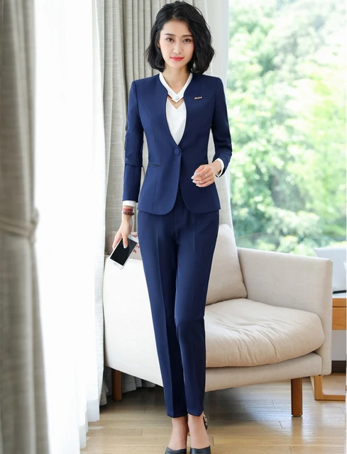 Grabar Compra dividir Blazer azul marino para mujer, trajes de negocios formales para oficina,  ropa de trabajo, diseños de uniformes de oficina, estilos OL - AliExpress