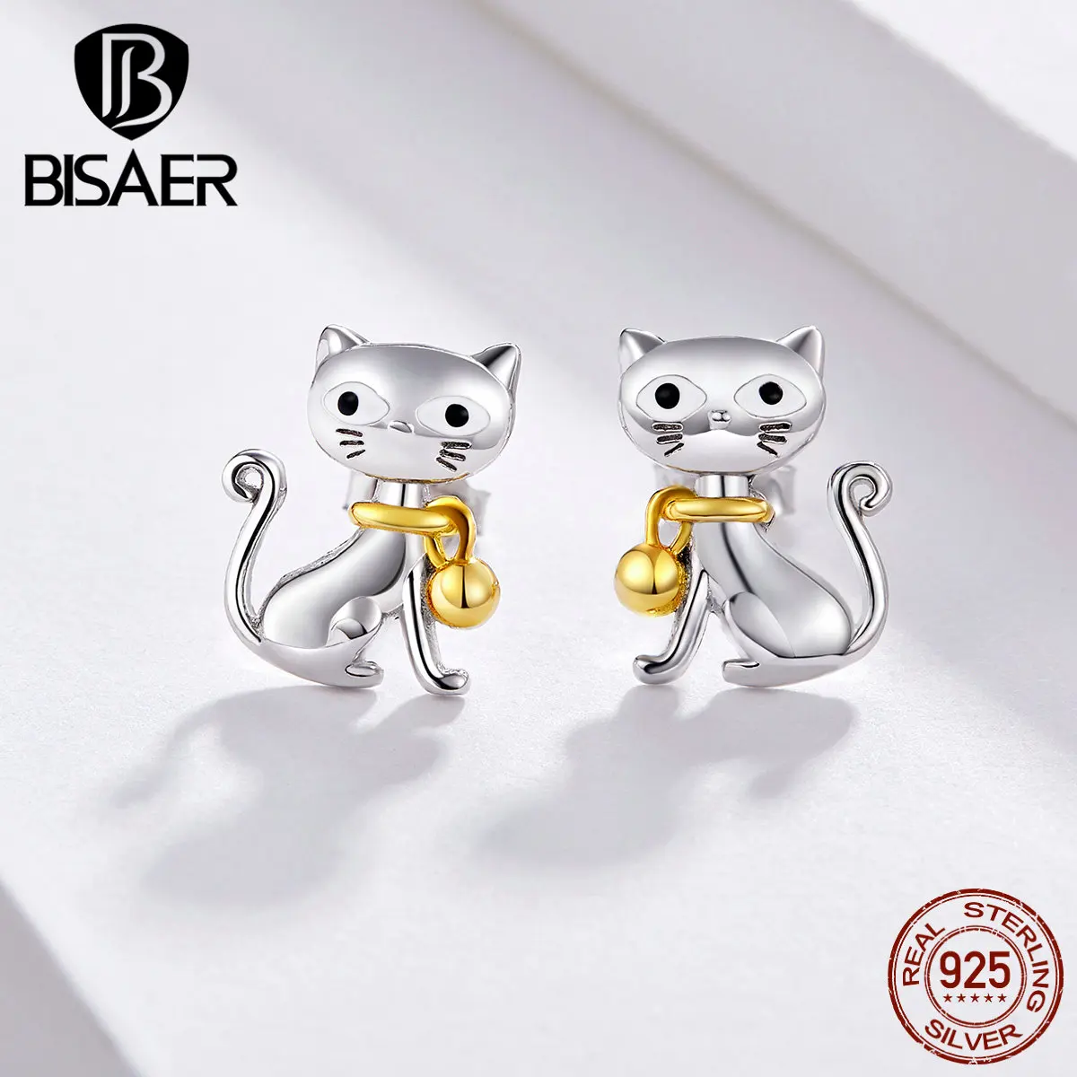 BISAER,, женские серьги, 925 пробы, серебро, колокольчик, кот, маленькие серьги, котенок, киска, Стерлинговое Серебро, серьги, ювелирное изделие, EFE112