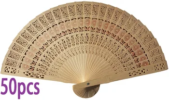 

50pcs Wooden Wedding Summer Accesory Art Folding Carved Hand Fan Silk Paper Wood Chinese Sandalwood Fan