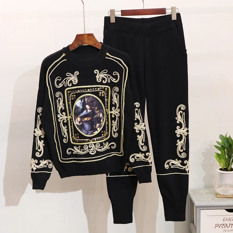 

Women's Knitsuit Autumn Winter warm Clothes Plate Flower Sweater + Casual Trousers Suit 2 Piece Sets Knitwear