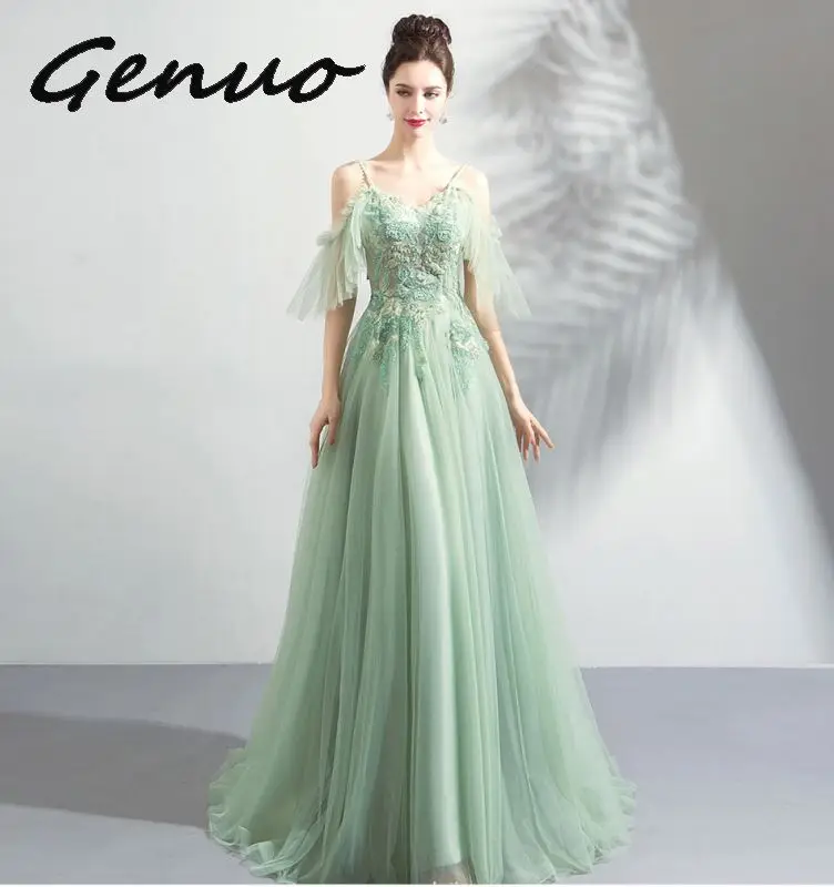 Genuo, новинка, сексуальный бюстгальтер с открытыми плечами, Ретро стиль, с геометрическим рисунком, с блестками, женское отражающее платье, длина до пола, вечерние, элегантное платье, 6898 - Цвет: Зеленый