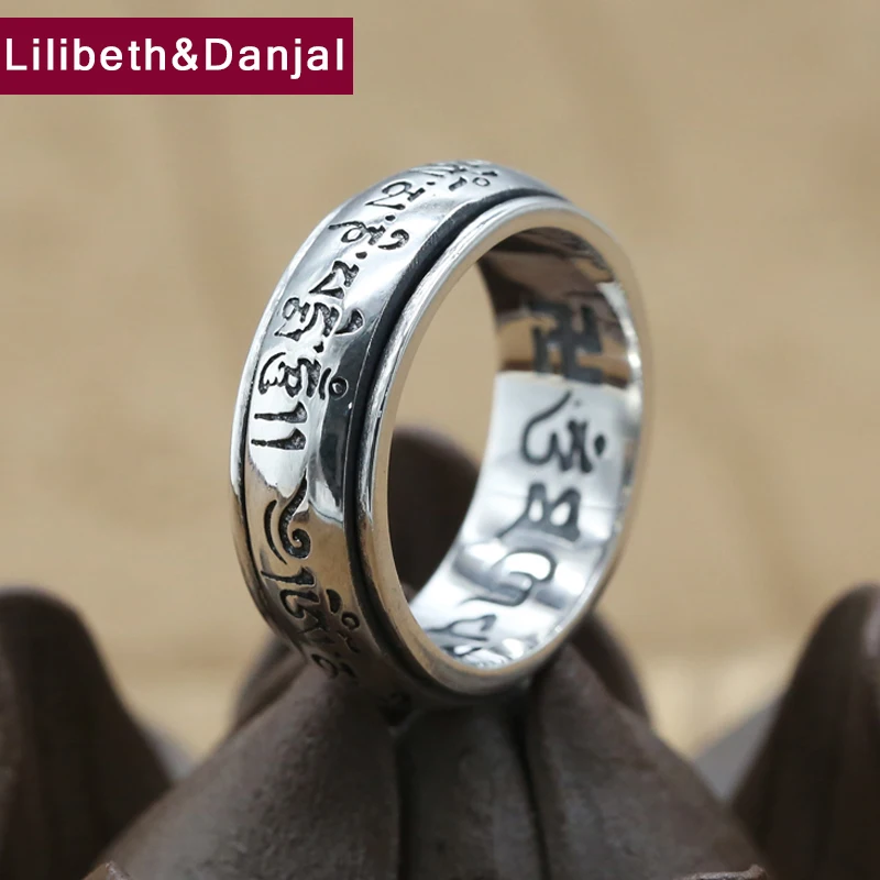 

Buddha Ring 100% Real 925 Sterling Silver Jewelry Men Women Letter Rotatable Ethnic Heart Sutra Mantra Statement Ring R121