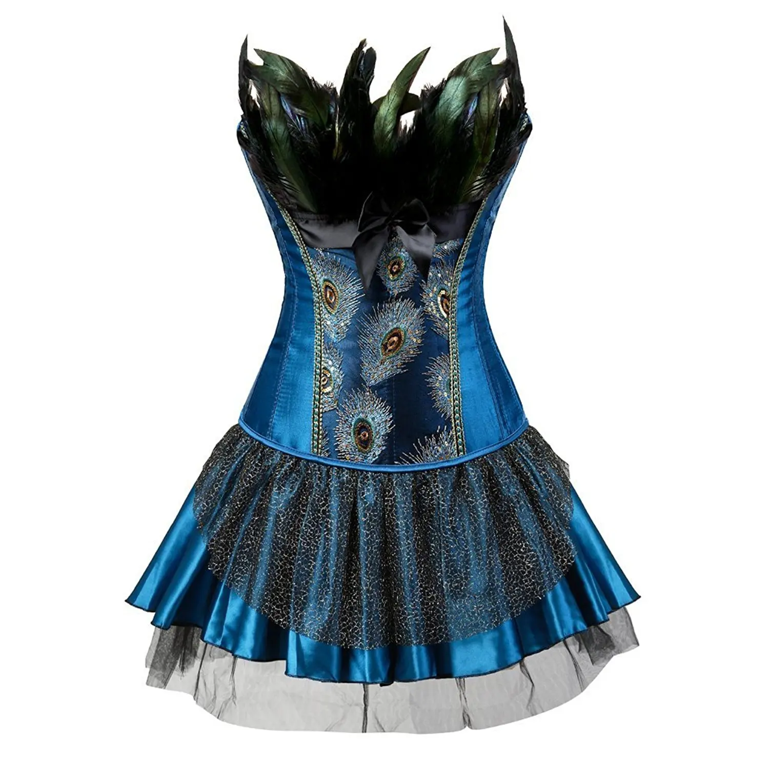 Womens Black Peacock Feather Trim Corset and skirt set Overbust Waist Cincher Bustier |