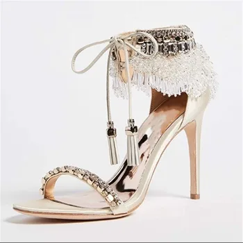 

2019 Luxury Brand Rhinestone Strappy Sandals Crystal Tassel Women Strip Sandals Design Summer High Heels Wedding Shoes Women