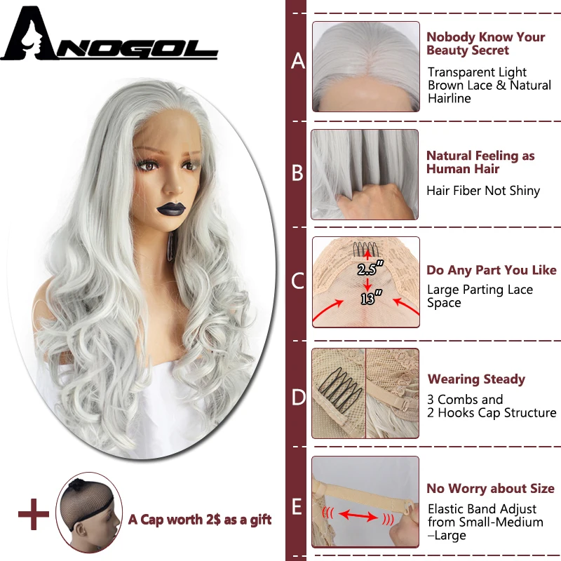 Anogol высокотемпературные серые волосы парики длинные натуральные объемные волны Серый Белый Серебряный синтетический парик на кружеве для женщин Африканский