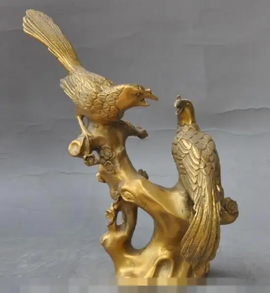 

S00608 chinese bronze wealth 2 glad Pied Magpie Bird On Plum Blossom Tree lucky statue (B0413)