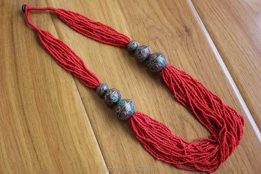 NK186 этническое колье в тибетском стиле, красные коралловые мини бусы, длинное ожерелье, Непальские круглые бусы ручной работы, Многорядное ожерелье, Новое поступление