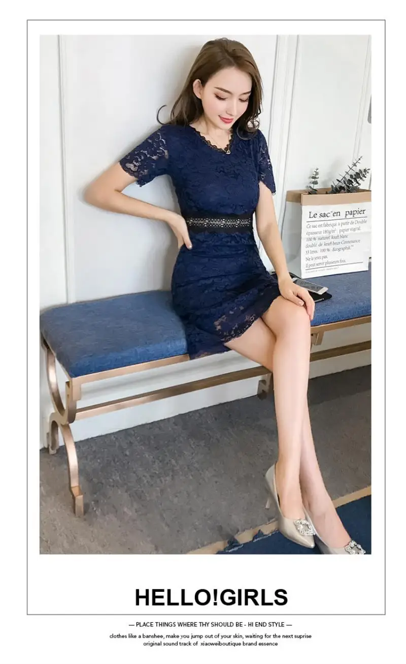 2018 New Red Blue Spring Summer Lace Women dress Short Sleeve Slim Collect Waist In Long Dresses S-XL
