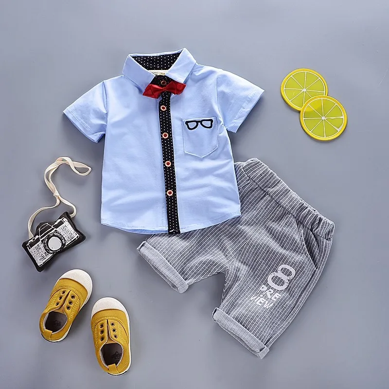 Летняя детская хлопковая одежда для маленьких мальчиков, Детский галстук-бабочка, майка, футболка и шорты, 2 шт./компл. модная одежда для малышей наряды для младенцев - Цвет: YZyanjing Blue