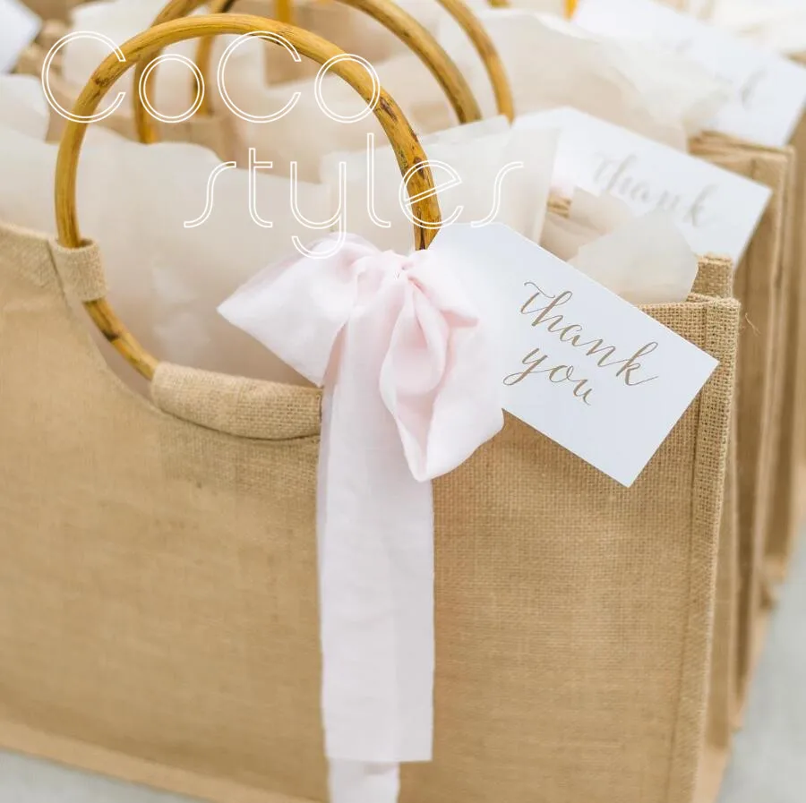 

Cocostyles custom blank exquisite gunny hand bag with bamboo handle for lawn wedding thank you gift bag packing and welcome gift
