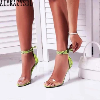 

AIYKAZYSDL Women Summer Neon Green Sandals Clear Transparent Thick High Heels Faux Snakeskin Print Ankle Strap Sandals Shoes