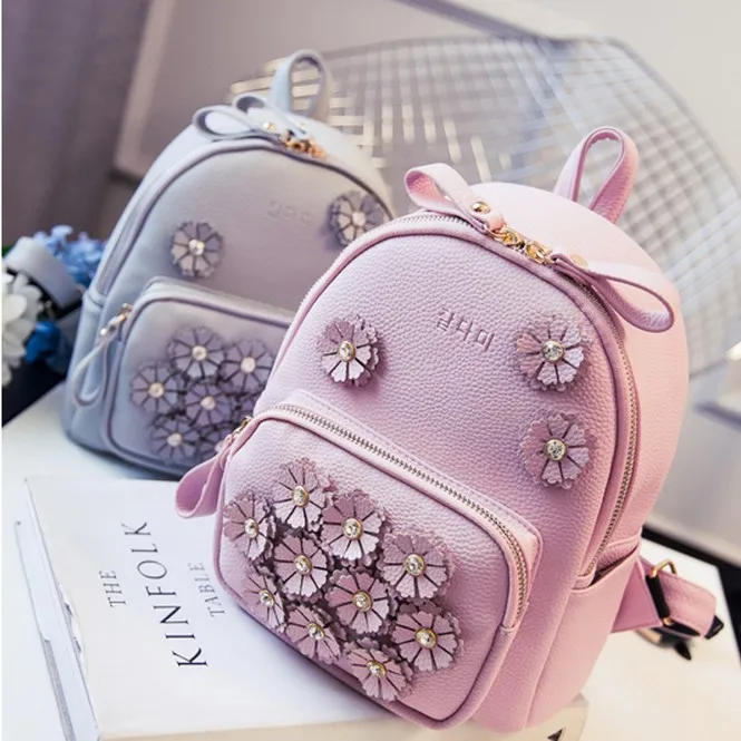 

Factory Directly Sale New Women's Korea Brand Leather Backpacks Beautiful Flowers Diamond Princess Girls School Bags Backpacks
