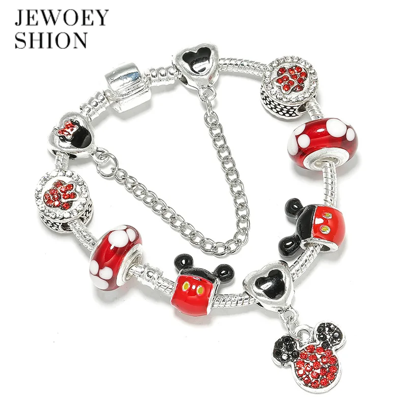 

JEWOEY SHION Mickey&Minnie Pendant DIY Fashion Cute Cartoon Beads Leather Rope Chain For kids Pandora charm bracelet for women