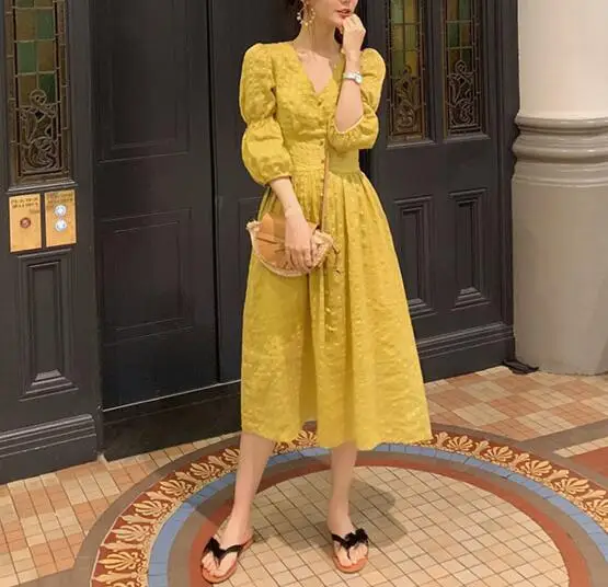 

Korean Women Summer Cotton Linen Sexy V Neck Long A-line Dress Female Elegant Lantern Sleeve Vestidos 2019 New