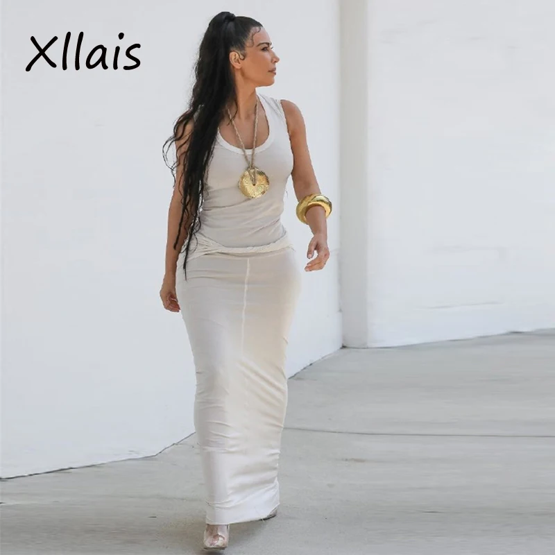 

XLLAIS Solid Color Casual Streetwear Maxi Dresses Women Sleeveless Tank Bodycon Slim Vestidos Soft Cotton Club White Long Dress