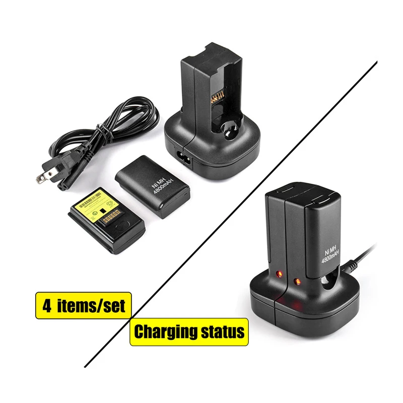 2Pcs 4800Mah Rechargeable Battery 1 Dual Charger Dock Station LED Charging Light For Xbox 360 Controller