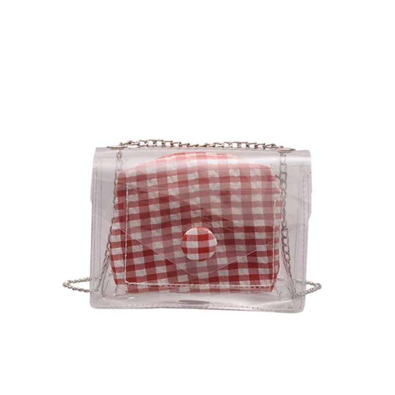 

BEAU-Plaid Mini Jelly Bag Transparent Flip Bag Summer Beach Handbag Chain Shoulder Bag Ladies Messenger Bag