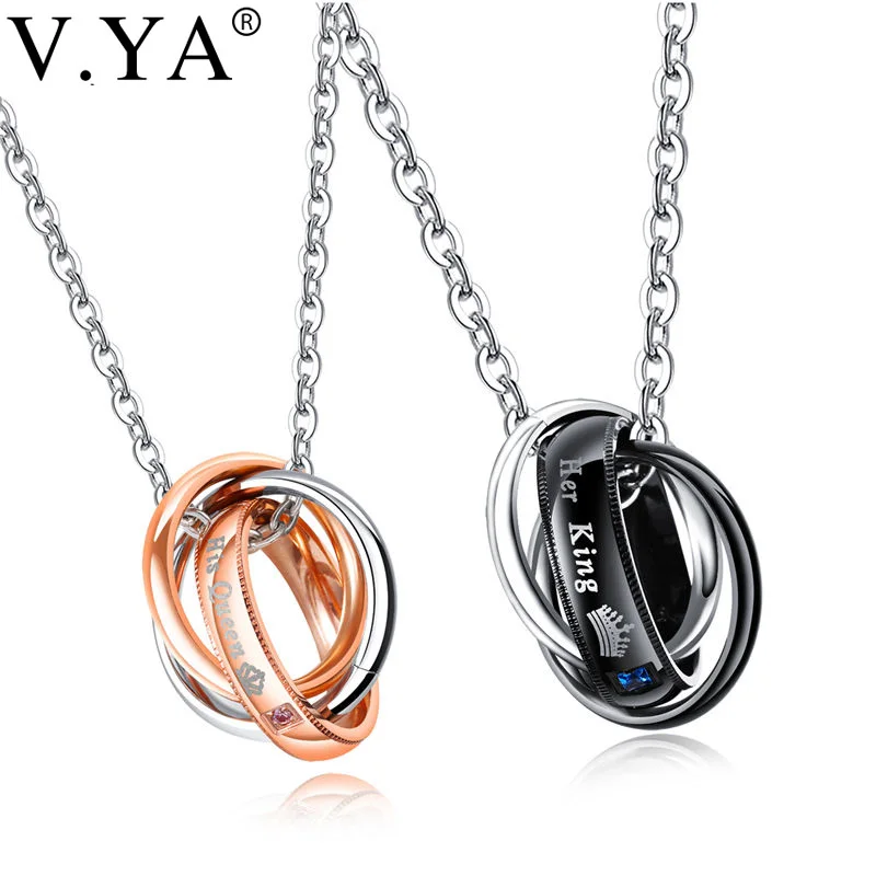 

V.Ya Stainless Steel Couple Neckalces Her King His Queen Crystal Custom Name Engraved Jewelry for Lover Valentine' Pendant Charm