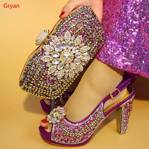 

Gryan Latest Design Italian Ladies Shoes and Bags To Match Set Decorated with Rhinestone Matching Shoes and Bag Set G6-4